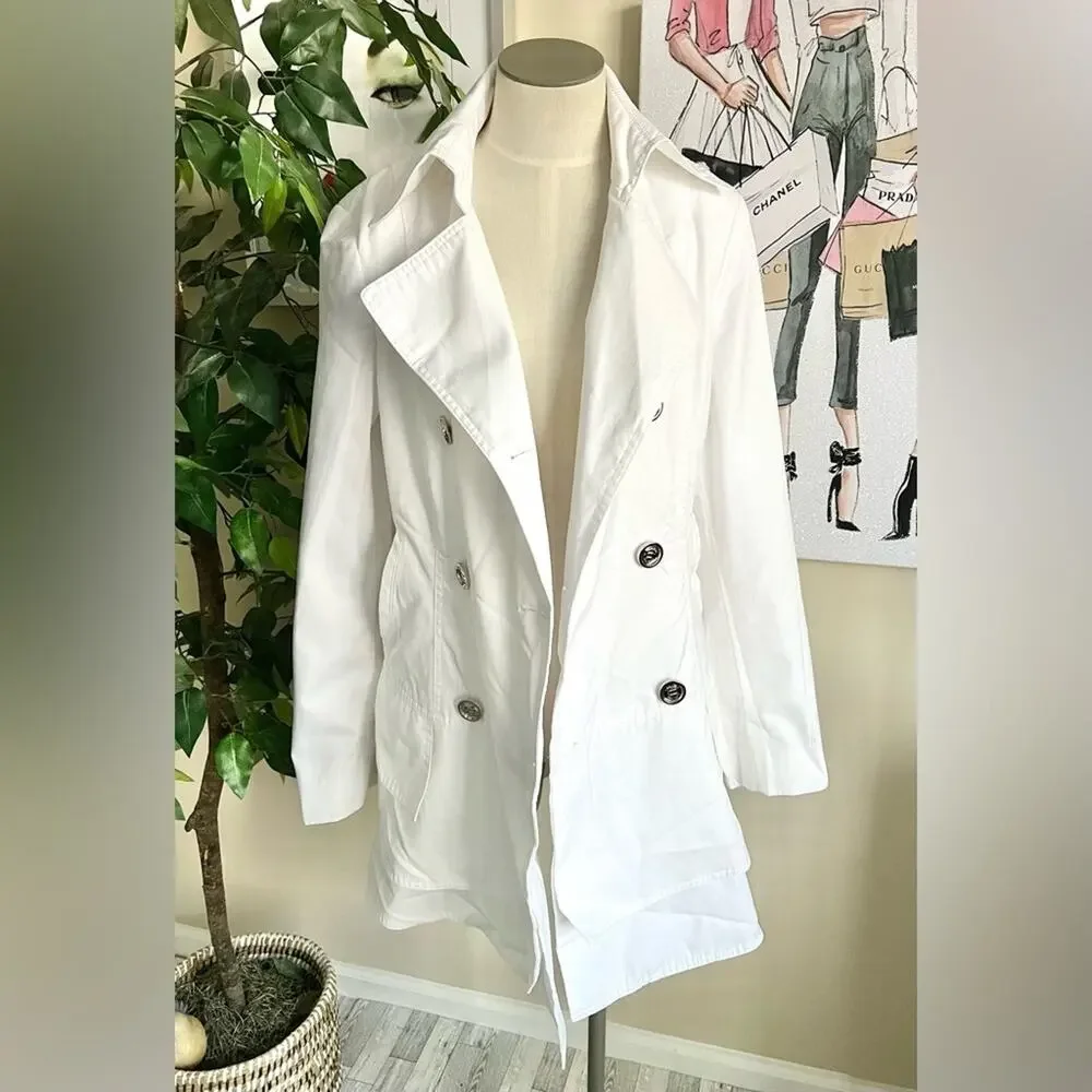 Calvin Klein Dressy White Ruffle Double Breasted Trench Coat Size Medium - Picture 4 of 9